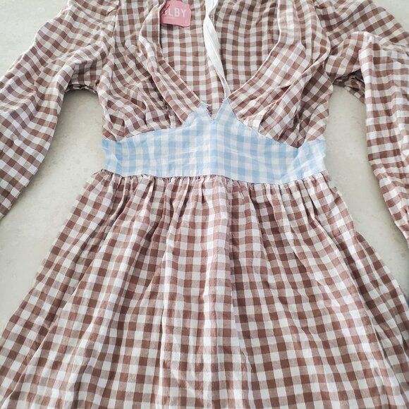 DEFECT-Molby the Label Mini Dress Womens 4 Gingham Brown and Light Blue - Picture 14 of 16